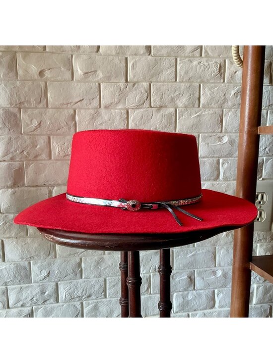 Vintage Accessories - VIntage Red 100% Wool Felt Western Hat Silver Concho Hatband